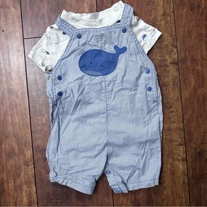 blue striped whale  overalls and whale  onsie - 12 months